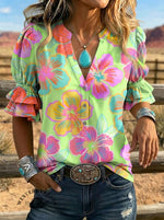 Women's Retro Floral Art Puff Sleeve Casual Shirt