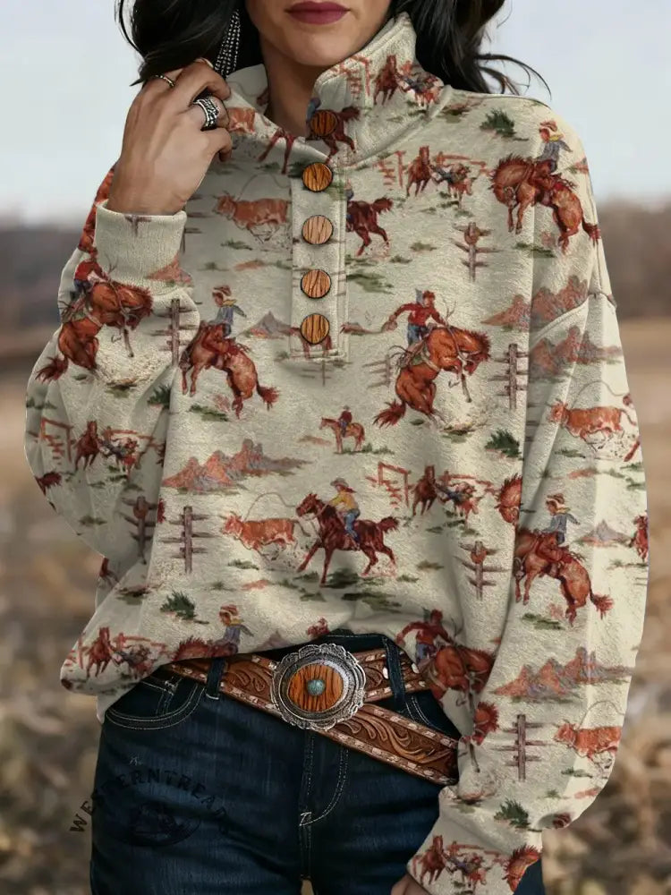 Women's Western Art Print Casual Stand Collar Button-up Sweatshirt