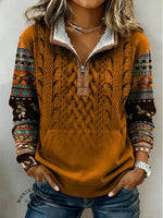 Retro Western Knitted Pattern Print Casual Half-zip Cotton Patchwork Sweatshirt