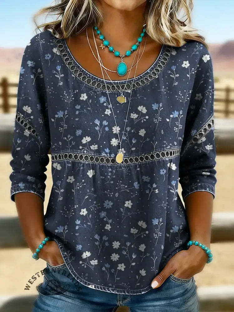 Retro Flower Art Print Casual Puff Sleeve Denim Shirt