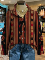 Women's Retro Print Casual Cotton And Linen Ruffle Shirt