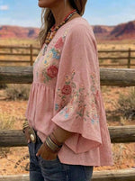 Vintage Floral Print Casual Round Neck Bell Sleeve Top