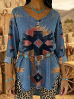 Vintage Elegant Denim Aztec Art Shirt