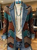 Retro Aztec Print Patchwork Denim Sweater Cardigan Coat