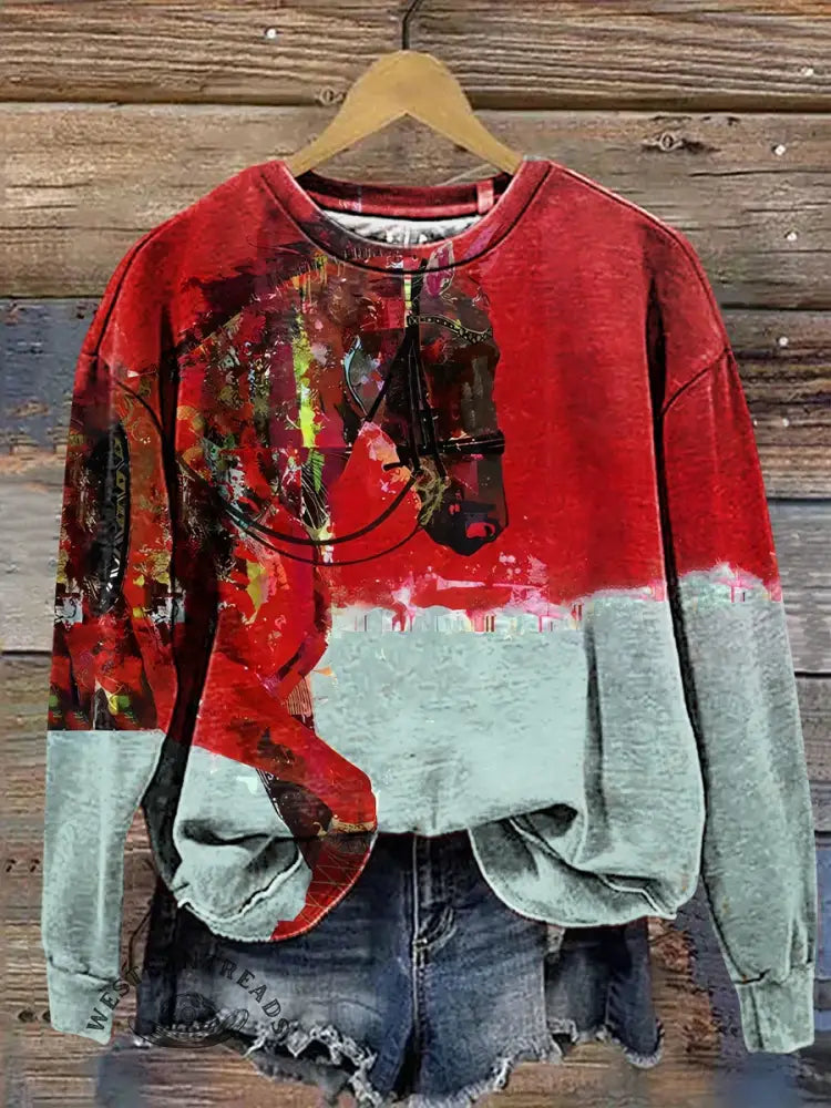 Horse Art Print Casual Cotton Sweatshirt