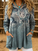 Vintage Paisley Art Print Casual Knitted Pocket Hooded Tunic Top