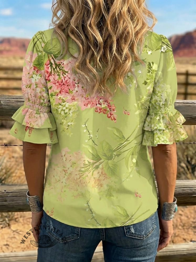 Women's Retro Floral Art Puff Sleeve Casual Shirt