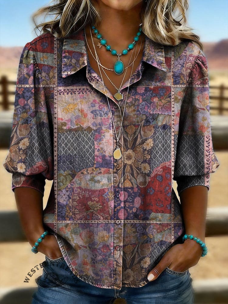 Vintage Floral Art Print Casual Puff Sleeve Denim Shirt