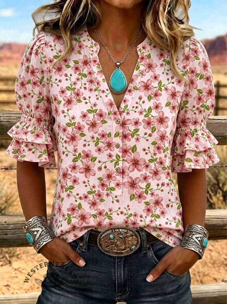 Women's Floral Print Puff Sleeve Casual Shirt