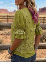 Vintage Art Print Comfortable Summer Fabrics Puff Sleeve Casual Shirt