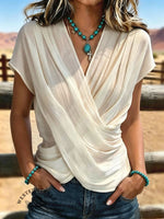 Women's Vintage Pleating Cross Patchwork Chiffon Casual Shirt