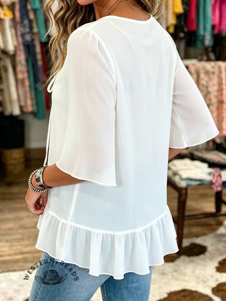 Elegant White Flutter Sleeve Top, Summer Blouse