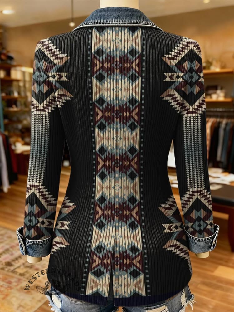 Aztec Print Patchwork Denim Sweater