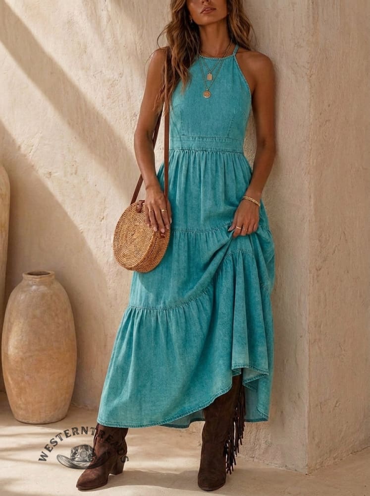 Women's Denim Patchwork Suspender Maxi Dress
