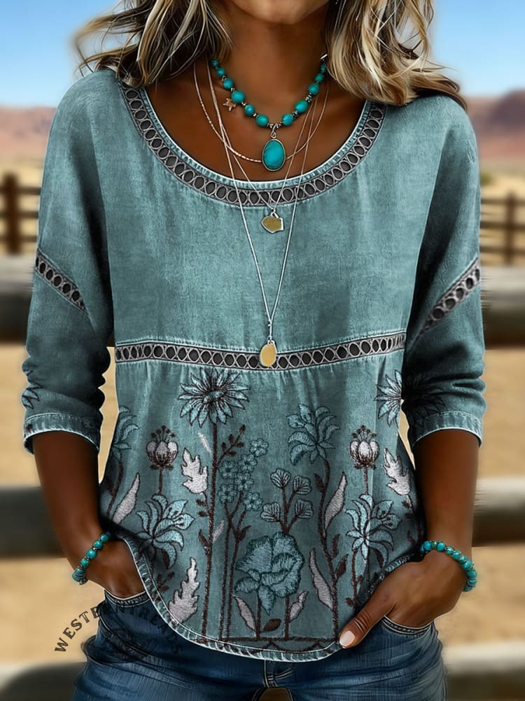 Vintage Floral Art Print Casual 3/4 Sleeves Hollow Denim Shirt