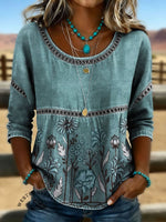 Vintage Floral Art Print Casual 3/4 Sleeves Hollow Denim Shirt