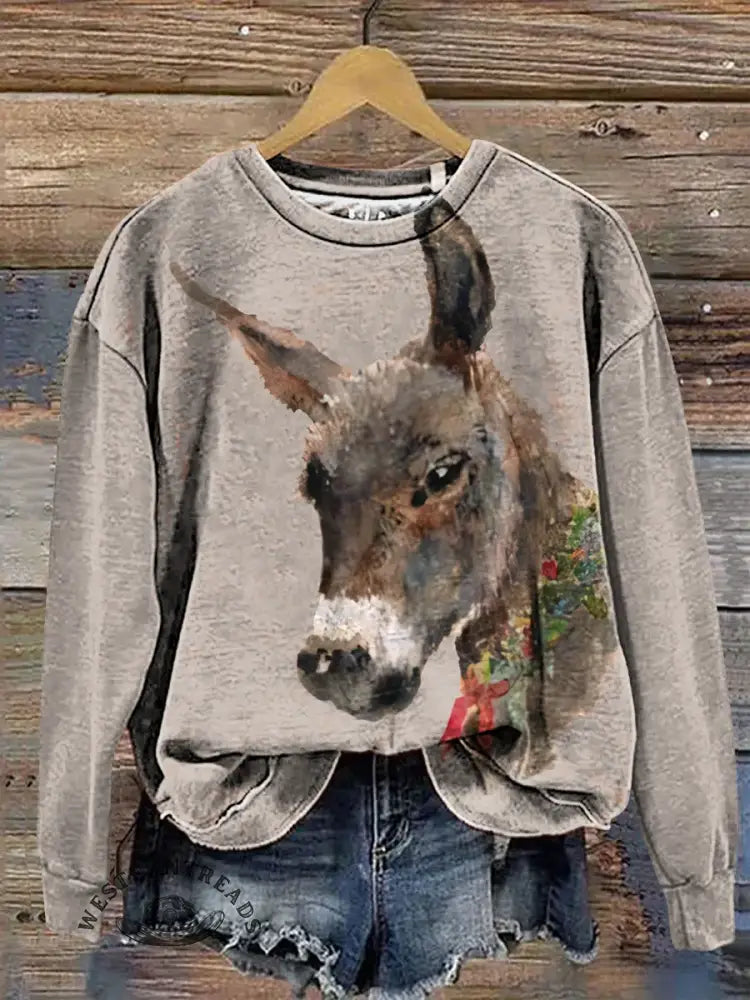 Christmas Donkey Art Print Casual Cotton Sweatshirt