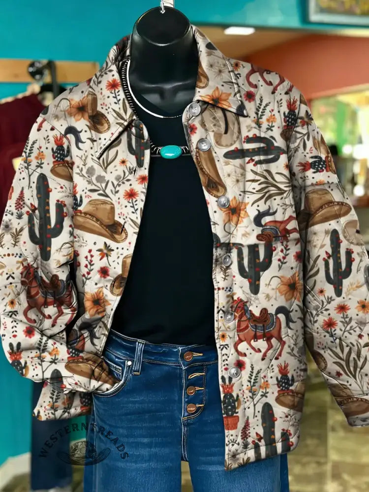 Women's Western Art Print Casual Quilted Jacket