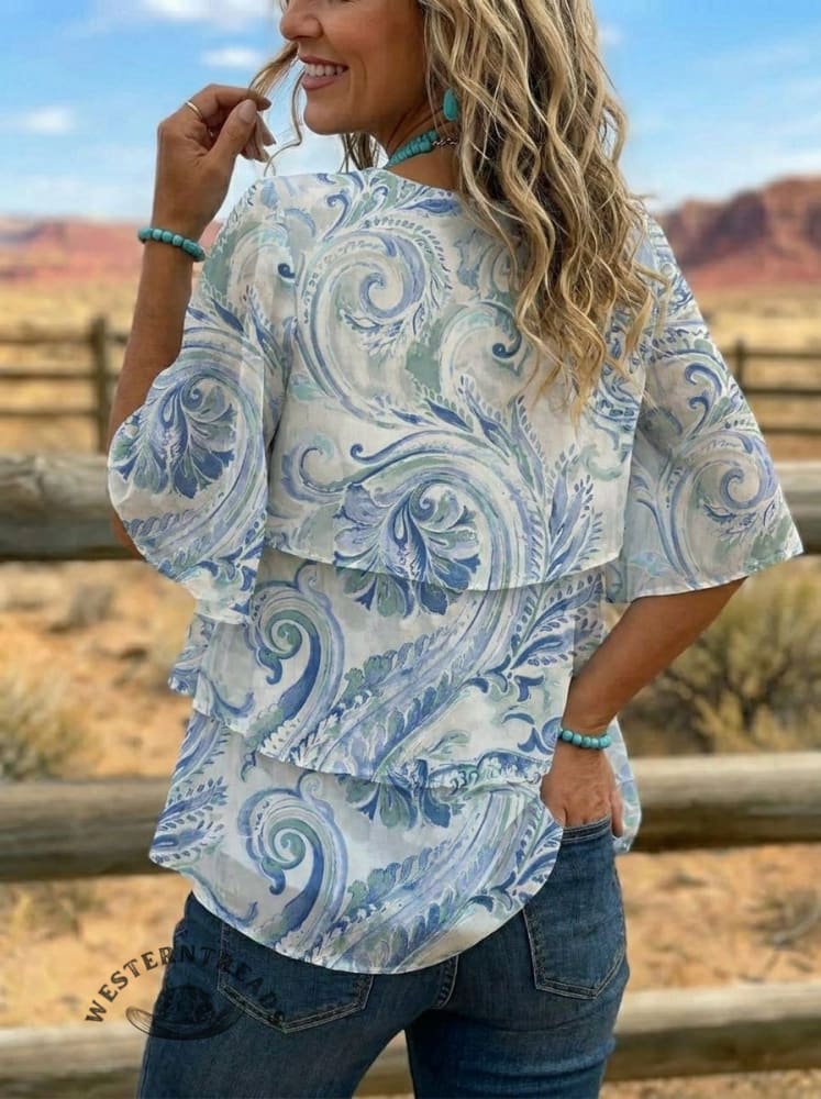 Vintage Art Patchwork Design Layered Ruffle Shirt