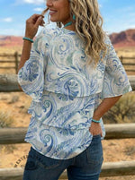 Vintage Art Patchwork Design Layered Ruffle Shirt