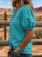 Women's Western Lace Up V Neck Puff Short Sleeve Plain Shirts