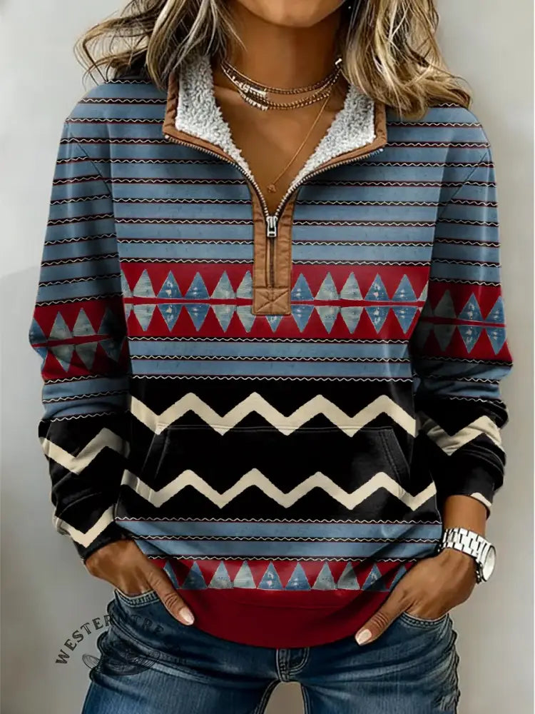 Retro Geometric Art Casual Half-zip Cotton Sweatshirt