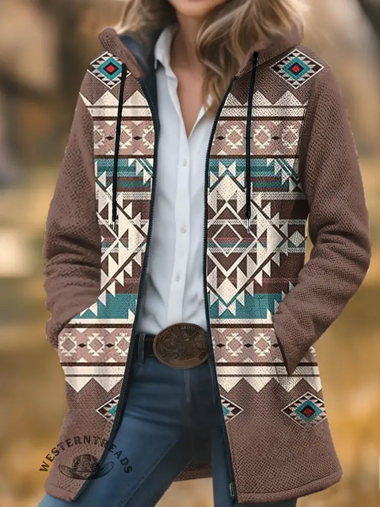 Aztec Print Unisex Plush Thick Long-Sleeved Cardigan Coat