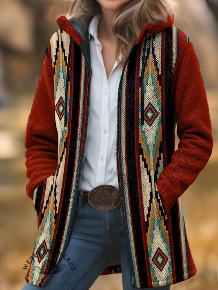 Aztec Print Unisex Plush Thick Long-sleeved Cardigan Coat