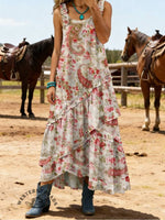 Vintage Paisley Print Sleeveless Multi-layered Ruffled Strap Dress