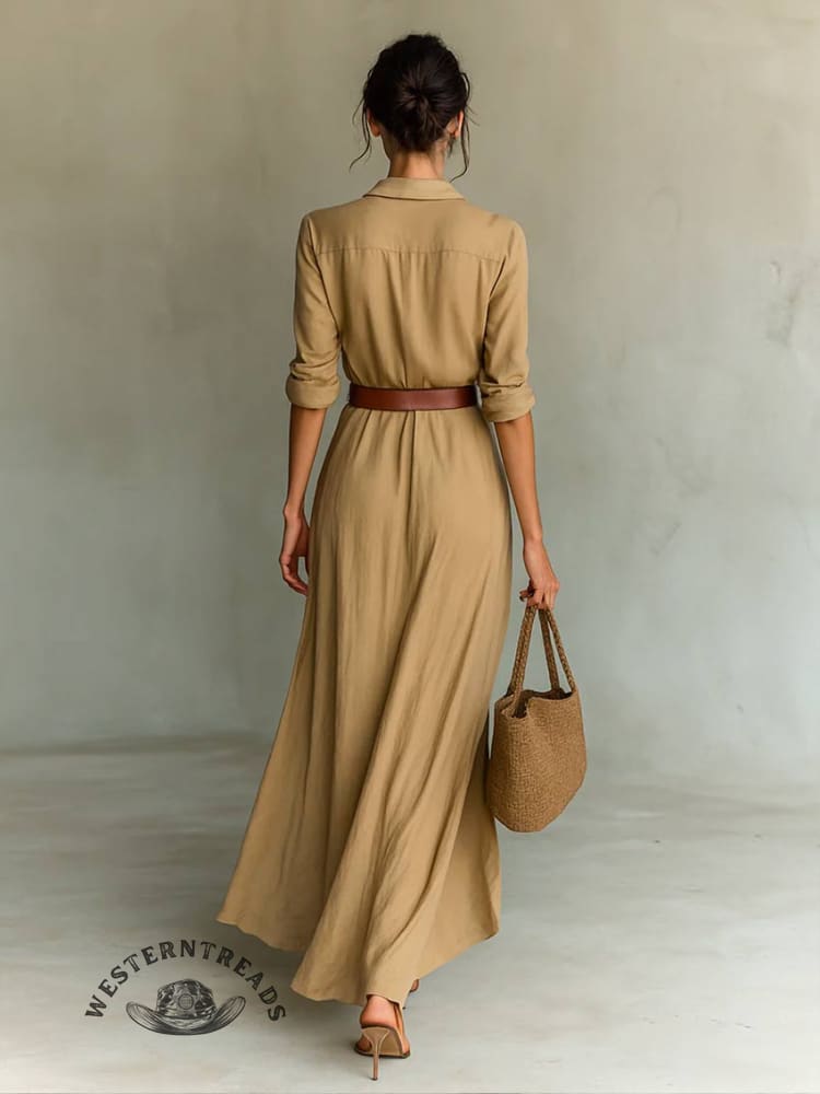 Long Sleeve Half Button Turndown Collar Ruched Belt Maxi Dresses
