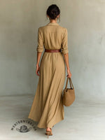 Long Sleeve Half Button Turndown Collar Ruched Belt Maxi Dresses