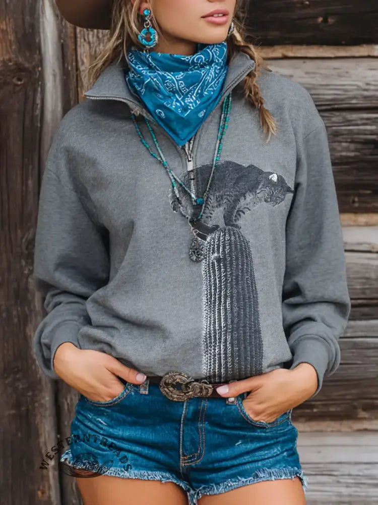 Vintage Print Casual Long Sleeve Zip Sweatshirt