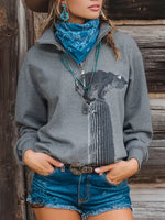 Vintage Print Casual Long Sleeve Zip Sweatshirt