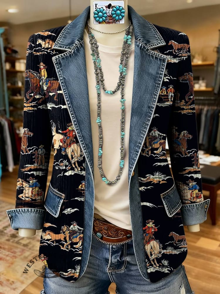 West Print Patchwork Denim Sweater