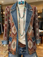 Aztec Print Patchwork Denim Sweater