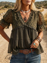 Women's Men's Leopard Print Casual Ruffle Shirt
