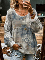 Women's Retro Floral Print Casual Lace Patchwork Shirt
