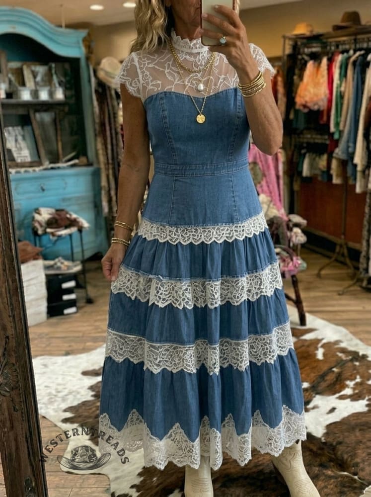 Women's Vintage Lace Patchwork Denim Dress