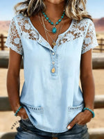Women's Vintage Print Casual Hollow-Out Denim Shirt
