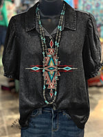 Women's Vintage Aztec Print Casual Denim Shirt