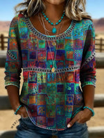 Women's Vintage Print Casual Hollow Lace Denim Shirt