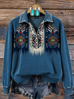 Women's Vintage Aztec Print Henley Neck Sweater Top