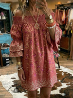 Women's Vintage Art Print Casual Off-shoulder Puff Sleeve Ruffle Dress