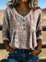 Women's Vintage Floral Print Casual Hollow-Out Denim Shirt