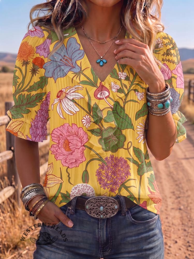 Vintage Art Print Comfortable Summer Fabrics Puff Sleeve Casual Shirt