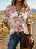 Women's Vintage Floral Print Puff Sleeve Casual Shirt