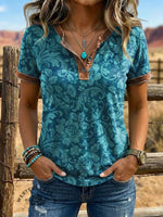 Vintage Floral Print Western Contrast Henley Neck T-shirt