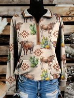 Retro Western Print Casual Half-zip Cotton Sweatshirt
