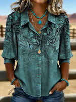 Art Print Casual Puff Sleeve Denim Shirt