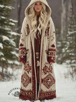 Women's Aztec Print Casual Hooded Long Knit Jacket